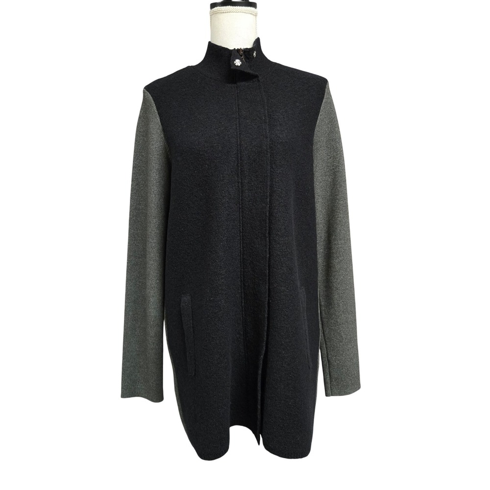 Ann Taylor Wool Blend Colorblock Zip Front Cardigan Coat Black Grey Women's M